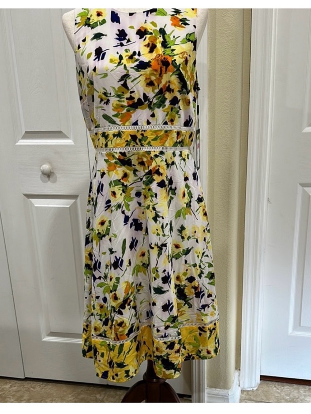 Karl Lagerfeld White Midi Dress with Yellow & Green Floral Print NWTS